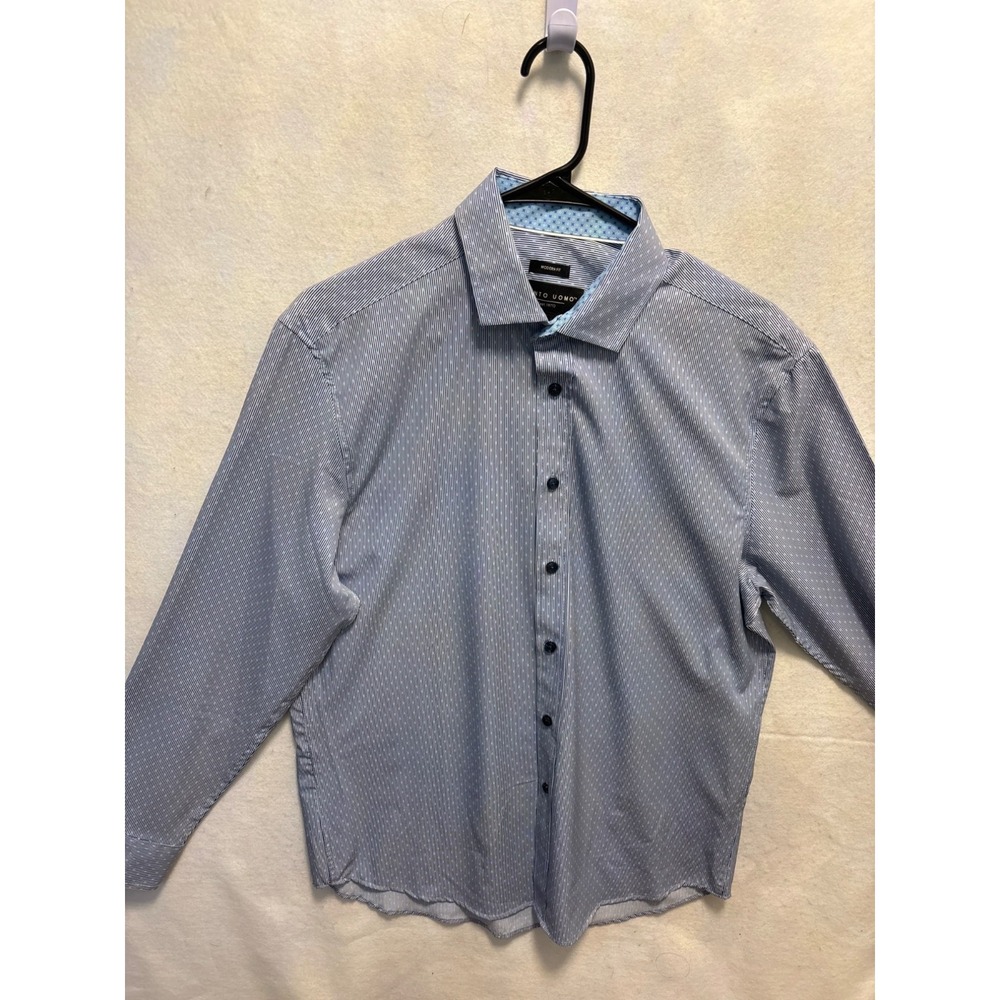 Pronto Uomo‎ Button Down Mens M Blue Excellent Modern Fit Micro Stripe Stretch